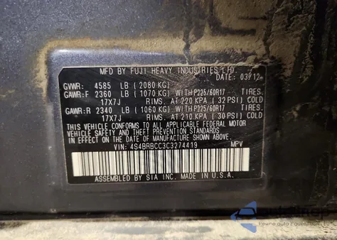 2012 Subaru Outback 2.5I Premium from USA, damaged, VIN 4S4BRBCC3C3274419